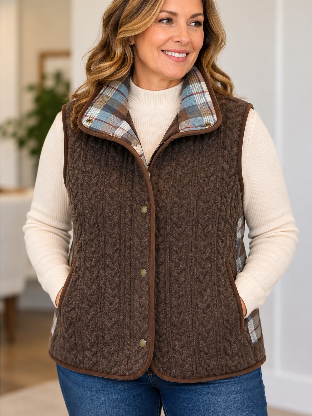 Pendleton Plus 1X Reversible Lambswool Virgin Wool Plaid Cable Knit Vest